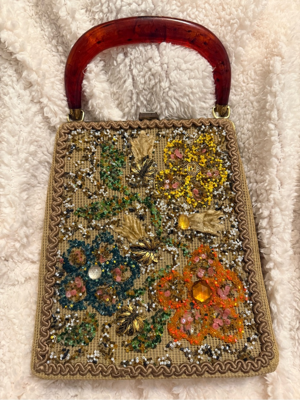 Vintage 1920’s Embellished Floral Beaded Handbag with Amber Handle